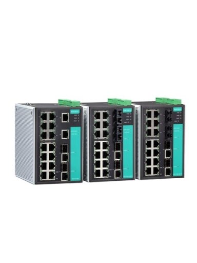 Moxa (EDS-518A-T) Managed Gigabit Ethernet switch with 16 10/100BaseT(X) ports, 2 combo 10/100/1000BaseT(X) or 1000BaseSFP slots for adding SFP-1G Series Gigabit Ethernet modules, -40 to 75°C operating temperature