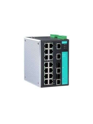 Moxa (EDS-518A-T) Managed Gigabit Ethernet switch with 16 10/100BaseT(X) ports, 2 combo 10/100/1000BaseT(X) or 1000BaseSFP slots for adding SFP-1G Series Gigabit Ethernet modules, -40 to 75°C operating temperature