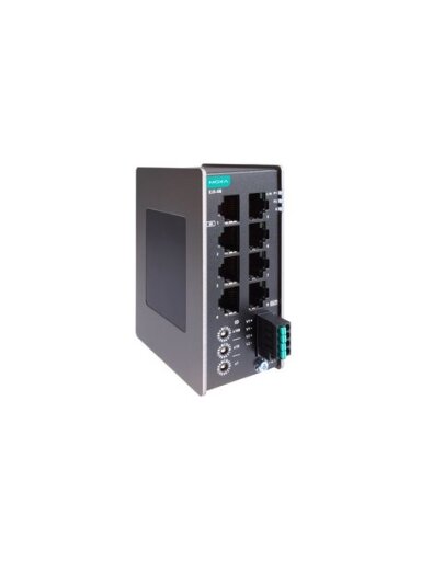 Moxa (EJS-08) Compact industrial EtherCAT junction with 8 100BaseT(X) ports, dual 12/24/48 VDC power inputs, -10 to 60°C operating temperature