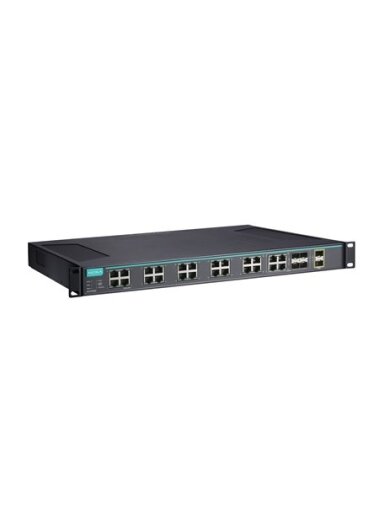 Moxa (ICS-G7526A-2XG-HV-HV-T) Layer 2 full Gigabit managed Ethernet switch with 20 10/100/1000BaseT(X) ports, 4 10/100/1000BaseT(X) or 100/1000BaseSFP slot combo ports, 2 10GbE SFP+ slots, 2 isolated power supplies (85 to 264 VAC), -40 to 75°C operating t