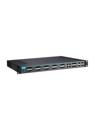 Moxa (ICS-G7528A-20GSFP-4XG-HV-HV-T) Layer 2 full Gigabit managed Ethernet switch with 20 100/1000BaseSFP slots, 4 10/100/1000BaseT(X) or 100/1000BaseSFP slot combo ports, 4 10GbE SFP+ slots, 2 isolated power supplies (85 to 264 VAC), -40 to 75°C operatin