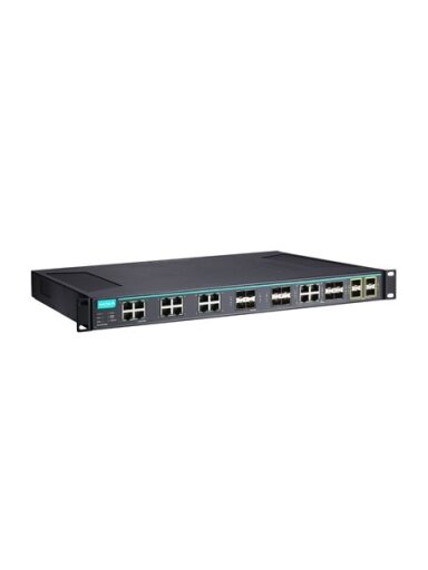 Moxa (ICS-G7528A-8GSFP-4XG-HV-HV-T) Layer 2 full Gigabit managed Ethernet switch with 12 10/100/1000BaseT(X) ports, 8 100/1000BaseSFP slots, 4 10/100/1000BaseT(X) or 100/1000BaseSFP slot combo ports, 4 10GbE SFP+ slots, 2 isolated power supplies (85 to 26