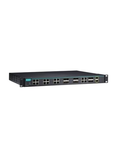 Moxa (ICS-G7826A-8GSFP-2XG-HV-HV-T) Layer 3 full Gigabit managed Ethernet switch with 12 10/100/1000BaseT(X) ports, 8 100/1000BaseSFP slots, 4 10/100/1000BaseT(X) or 100/1000BaseSFP slot combo ports, 2 10GbE SFP+ slots, 2 isolated power supplies (85 to 26
