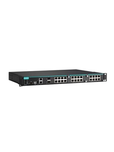 Moxa (IKS-6726A-2GTXSFP-24-T) Modular managed Ethernet switch with 8 10/100BaseT(X) ports, 2 10/100/1000BaseT(X) or 100/1000BaseSFP combo ports, 2 slots for Fast Ethernet modules, front cabling, 1 isolated power supply (24 VDC), -40 to 75°C operating temp