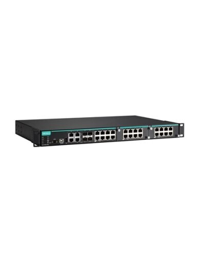 Moxa (IKS-6728A-8PoE-4GTXSFP-HV-HV-T) Modular managed rackmount Ethernet PoE+ switch with 8 built-in 10/100BaseT(X) PoE+ ports, 4 Gigabit Copper/SFP combo ports, 2 slots for Fast Ethernet PoE+ modules. Support for up to 24+4G ports with 8 built-in PoE+ po