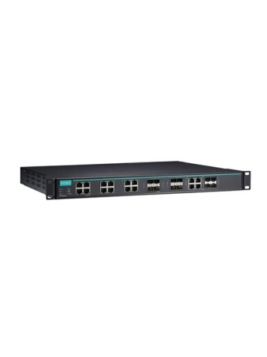 Moxa (IKS-G6824A-8GSFP-4GTXSFP-HV-HV-T) Layer 3 full Gigabit managed Ethernet switch with 12 10/100/1000BaseT(X) ports, 8 100/1000BaseSFP slots, 4 10/100/1000BaseT(X) or 100/1000BaseSFP slot combo ports, 2 isolated power supplies (85 to 264 VAC), -40 to 7