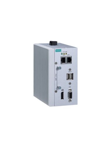 Moxa (MC-1111-E4-T) x86 embedded computer with Intel Atom® quad-core E3845 processor, 4 GB RAM, 1 VGA port, 2 USB ports, 2 Gigabit Ethernet ports, 1 CFast socket, 1 SD slot, 1 DisplayPort, 12 to 36 VDC power, -40 to 70°C operating temperature