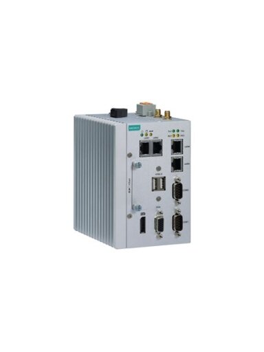 Moxa (MC-1121-E2-T) x86 embedded computer with Intel Atom® dual-core E3826 processor, 4 GB RAM, 1 VGA port, 2 USB ports, 4 Gigabit Ethernet ports, 2 serial ports, 4 DIs, 4 DOs, 1 CFast socket, 1 SD slot, 1 DisplayPort, 1 uSIM slot, 1 Mini PCIe expansion s
