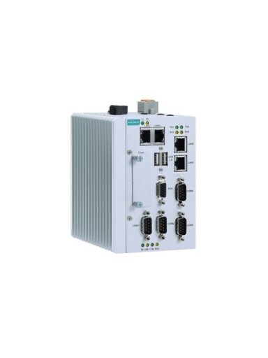 Moxa (MC-1122-E2-T) x86 embedded computer with Intel Atom® dual-core E3826 processor, 4 GB RAM, 1 VGA port, 2 USB ports, 4 Gigabit Ethernet ports, 4 serial ports, 4 DIs, 4 DOs, 1 CFast socket, 1 uSIM slot, 1 Mini PCIe expansion slot, 12 to 36 VDC power, -