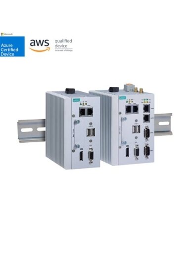 Moxa (MC-1122-E4-TPM-T) x86 embedded computer with Intel Atom® quad-core E3845 processor, 4 GB RAM, 1 VGA port, 2 USB ports, 4 Gigabit Ethernet ports, 4 serial ports, 4 DIs, 4 DOs, 1 CFast socket, 1 uSIM slot, 1 Mini PCIe expansion slot, 12 to 36 VDC powe