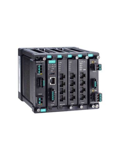 Moxa (MDS-G4012-L3) Layer 3 full Gigabit modular managed Ethernet switch with 4 fixed Gigabit Ethernet ports, 2 slots for optional 4-port GE/FE modules, 2 slots for isolated power modules, up to 12 Gigabit Ethernet ports, -10 to 60°C operating temperature