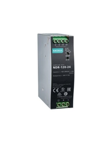 Moxa (NDR-120-24) 120 W/5.0 A DIN-rail 24 VDC power supply, universal 90 to 264 VAC or 127 to 370 VDC input voltage, -20 to 70°C operating temperature