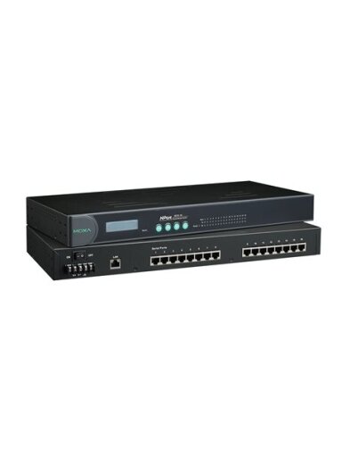 Moxa (NPort 5610-16-48V) 16-port RS-232 rackmount device server with RJ45 connectors and 48 VDC power input
