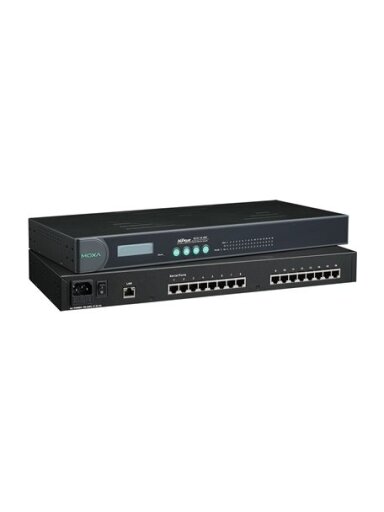 Moxa (NPort 5630-16) 16-port RS-422/485 rackmount device server with RJ45 connectors, 100 to 240 VAC power input