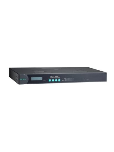 Moxa (NPort 5650-8) 8-port RS-232/422/485 rackmount device server with RJ45 connectors and 100 to 240 VAC power input