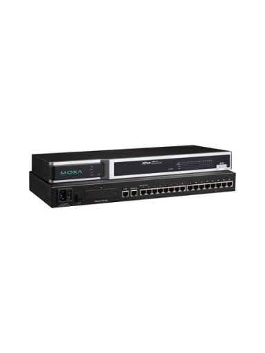 Moxa (NPort 6650-16-T) 16-port RS-232/422/485 to Ethernet secure terminal server, -40 to 75°C operating temperature, 100 to 240 VAC input