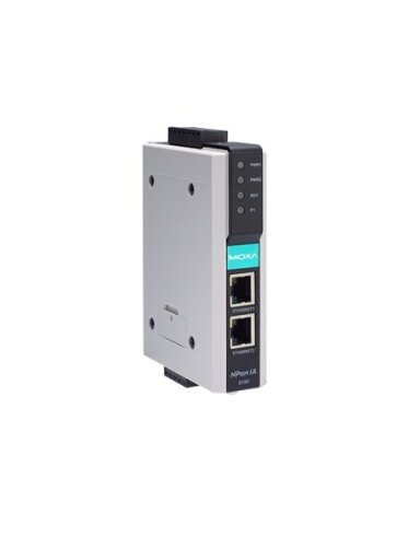 Moxa (NPort IA-5150I-T) 1-port RS-232/422/485 device server with 2 10/100BaseT(X) ports (RJ45 connectors, single IP) and 2 kV optical isolation, -40 to 75°C operating temperature