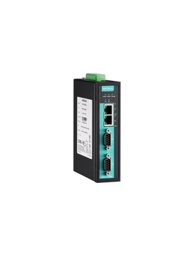 Moxa (NPort IA5250AI-T) 2-port RS-232/422/485 industrial automation device server with serial/LAN/power surge protection, 2 10/100BaseT(X) ports with single IP, -40 to 75°C operating temperature, 2 kV isolation