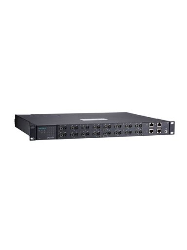 Moxa (NPort S9650I-16F-2HV-E-T) 16-port RS-232/422/485 rugged device server with multi-mode ST connectors on the serial ports, 2 10/100BaseT(X) ports with IEEE 1588v2 support, 88 to 300 VDC or 85 to 264 VAC, -40 to 85°C operating temperature, with 2-port