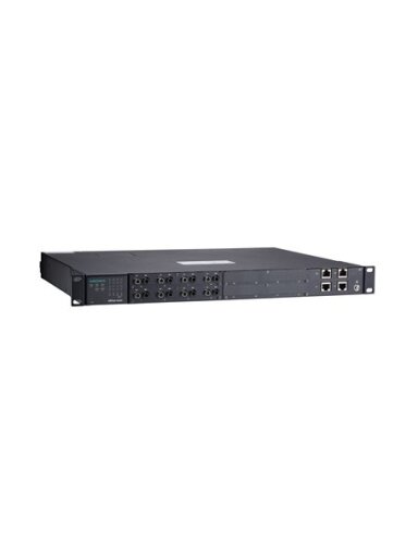 Moxa (NPort S9650I-8F-2HV-E-T) 8-port RS-232/422/485 rugged device server with multi-mode ST connectors on the serial ports, 2 10/100BaseT(X) ports with IEEE 1588v2 support, 88 to 300 VDC or 85 to 264 VAC, -40 to 85°C operating temperature, with 2-port Et