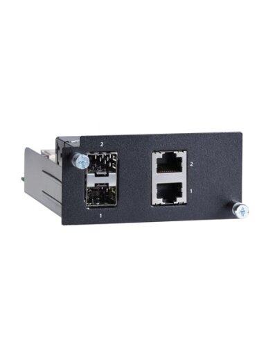 Moxa (PM-7500-2GTXSFP) Gigabit Ethernet module with 2 100/1000BaseSFP slots or 2 100/1000BaseT(X) ports, compliant with IEC 61850-3, -40 to 85°C operating temperature