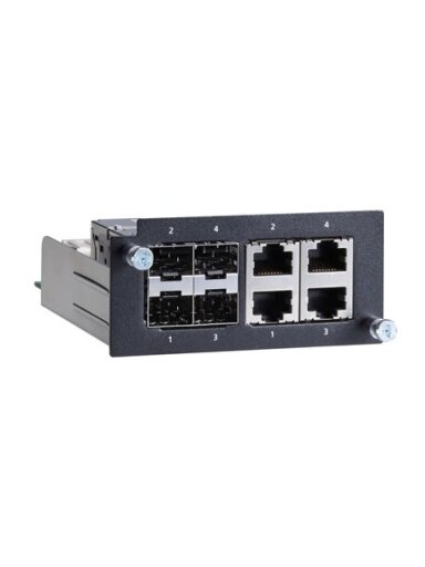 Moxa (PM-7500-4GTXSFP) Gigabit Ethernet module with 4 100/1000BaseSFP slots or 4 100/1000BaseT(X) ports, compliant with IEC 61850-3, -40 to 85°C operating temperature