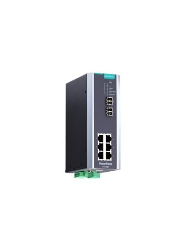 Moxa (PT-508-MM-LC-24) IEC 61850-3 managed DIN-Rail Ethernet switch, with 6 10/100BaseT(X) ports, and 2 100BaseFX multi-mode ports with LC connectors, 1 isolated power supply (24 VDC), -40 to 85°C operating temperature