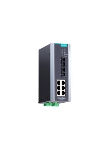Moxa (PT-508-MM-SC-48) IEC 61850-3 managed DIN-Rail Ethernet switch, with 6 10/100BaseT(X) ports, and 2 100BaseFX multi-mode ports with SC connectors, 1 isolated power supply (48 VDC), -40 to 85°C operating temperature