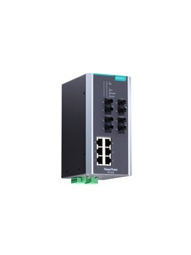 Moxa (PT-510-4M-ST-24) IEC 61850-3 managed DIN-rail Ethernet switch, with 6 10/100BaseT(X) ports and 4 100BaseFX multi-mode ports with ST connectors, 1 isolated power supply (24 VDC), -40 to 85°C operating temperature