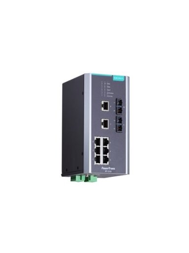 Moxa (PT-510-MM-SC-24) IEC 61850-3 managed DIN-rail Ethernet switch, with 8 10/100BaseT(X) ports and 2 100BaseFX multi-mode ports with SC connectors, 1 isolated power supply (24 VDC), -40 to 85°C operating temperature