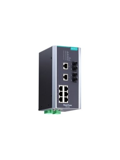 Moxa (PT-510-MM-ST-48) IEC 61850-3 managed DIN-rail Ethernet switch, with 8 10/100BaseT(X) ports and 2 100BaseFX multi-mode ports with ST connectors, 1 isolated power supply (48 VDC), -40 to 85°C operating temperature
