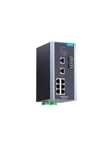 Moxa (PT-510-SS-LC-48) IEC 61850-3 managed DIN-rail Ethernet switch, with 8 10/100BaseT(X) ports and 2 100BaseFX single-mode ports with LC connectors, 1 isolated power supply (48 VDC), -40 to 85°C operating temperature