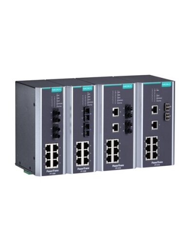 Moxa (PT-510-SS-SC-48) IEC 61850-3 managed DIN-rail Ethernet switch, with 8 10/100BaseT(X) ports and 2 100BaseFX single-mode ports with SC connectors, 1 isolated power supply (48 VDC), -40 to 85°C operating temperature
