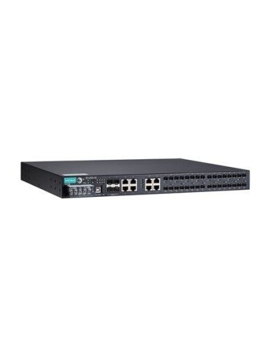 Moxa (PT-7528-16MST-8TX-4GSFP-WV-WV) IEC 61850-3 managed rackmount Ethernet switch with 16 100BaseFX ports (MST), 8 10/100BaseT(X) ports, and 4 1000BaseSFP ports, for a total of up to 28 ports, 2 isolated power supply (18 to 72 VDC), -40 to 85°C operating
