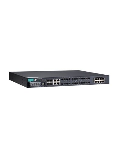 Moxa (PT-7528-8MST-16TX-4GSFP-WV) IEC 61850-3 managed rackmount Ethernet switch with 8 100BaseFX ports (MST), 16 10/100BaseT(X) ports, and 4 1000BaseSFP ports, for a total of up to 28 ports, 1 isolated power supply (18 to 72 VDC), -40 to 85°C operating te
