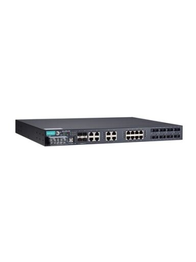 Moxa (PT-7528-8SSC-16TX-4GSFP-HV-HV) IEC 61850-3 managed rackmount Ethernet switch with 8 100BaseFX ports (SSC), 16 10/100BaseT(X) ports, and 4 1000BaseSFP ports, for a total of up to 28 ports, 2 isolated power supply (88 to 300 VDC or 85 to 264 VAC), -40