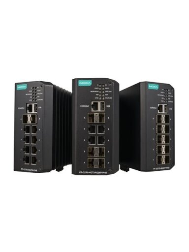 Moxa (PT-G510-8GSFP-PHR-WV) IEC 61850-3 and IEC 62439-3 full Gigabit managed Ethernet switch with 10 100/1000Base SFP ports, isolated dual power supply (24/48 VDC), -40 to 75°C operating temperature