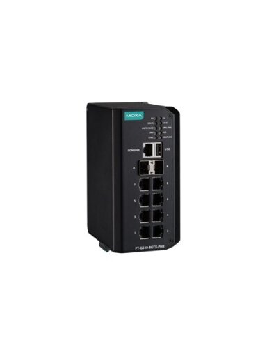 Moxa (PT-G510-8GTX-PHR-HV-CT) IEC 61850-3 and IEC 62439-3 full Gigabit Managed Ethernet switch with 8 100/1000BaseT(X) ports, 2 100/1000Base SFP ports, isolated dual power supply (88 to 300 VDC or 85 to 264 VAC), -40 to 75°C operating temperature, conform