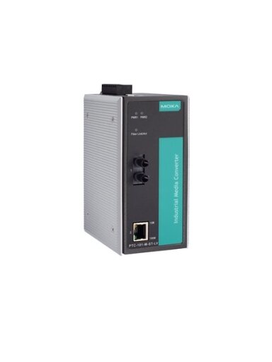 Moxa (PTC-101-M-ST-HV) Industrial 10/100BaseT(X) to 100BaseFX media converter, multi-mode with ST connector, 1 isolated power supply (88 to 300 VDC or 85 to 264 VAC), -40 to 85°C operating temperature