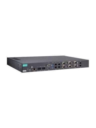 Moxa (RKP-A110-E2-2L4C-T) Rackmount 1U computer with Intel Atom® x6211E processor, 6 LAN ports, 6 serial ports, 8 DIs, 8 DOs, 3 USB 3.0 ports, 1 VGA port, 1 HDMI port, 2 SSD slots, 12/24 VDC power input, -30 to 60°C operating temperature