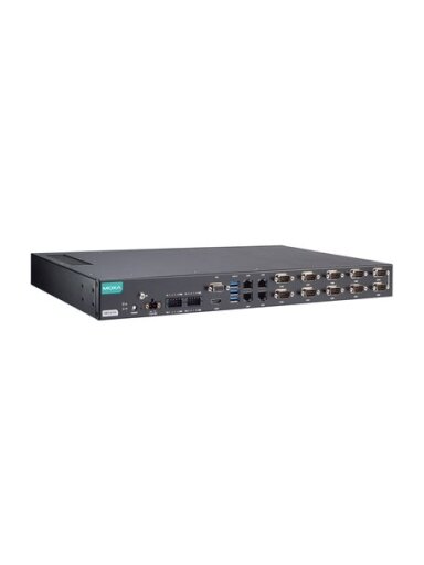 Moxa (RKP-A110-E4-8C-T) Rackmount 1U computer with Intel Atom® x6425E processor, 4 LAN ports, 10 serial ports, 8 DIs, 8 DOs, 3 USB 3.0 ports, 1 VGA port, 1 HDMI port, 2 SSD slots, 12/24 VDC power input, -30 to 60°C operating temperature