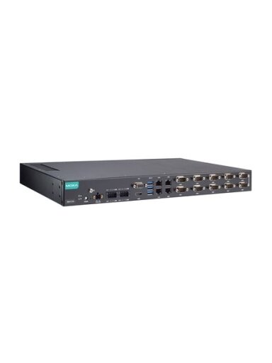 Moxa (RKP-C110-C1-8C-T) Rackmount 1U computer with Intel® Celeron® 6305E processor, 4 LAN ports, 10 serial ports, 8 DIs, 8 DOs, 3 USB 3.0 ports, 1 VGA port, 1 HDMI port, 2 SSD slots, 12/24 VDC power input, -30 to 60°C operating temperature