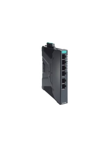 Moxa (SDS-3006) Compact industrial smart Ethernet switch with 6 10/100BaseT(X) ports, dual 12/24/48 VDC power inputs, -10 to 60°C operating temperature