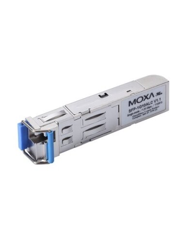 Moxa (SFP-1G40ALC-T) WDM-type (BiDi) SFP module with 1 1000BaseSFP port with LC connector for 40 km transmission; TX 1310 nm, RX 1550 nm, -40 to 85°C operating temperature