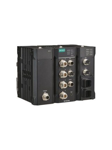 Moxa (TAP-M310R-1P1R1S-EU-CT-T) Wi-Fi 6 (802.11ax) railway wayside wireless AP/client with one radio and one switch module, one M12 K-coded 110/220 VAC input, EU band, -40 to 75°C operating temperature, conformal coating