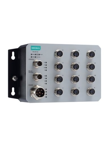 Moxa (TN-4512A-WV-T) 12 10/100BaseT(X) ports with M12 connector, 1 (dual input) 24 to 110 VDC power supply, -40 to 75°C operating temperature