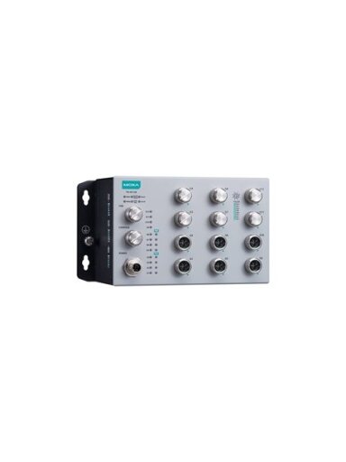 Moxa (TN-4512B-4G-8GP-CT-T) EN 50155 12-port L2 switch with 4 Gigabit ports, 8 Gigabit PoE ports, 80 W PoE power budget, 24 to 110 VDC power input, -40 to 70°C operating temperature, IP42 rating, conformal coating
