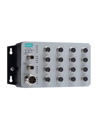 Moxa (TN-4516A-WV-CT-T) Layer 2 managed Ethernet switch with 16 10/100BaseT(X) ports with M12 connector, 1 (dual input) 24 to 110 VDC power supply, -40 to 70°C operating temperature, conformal coating