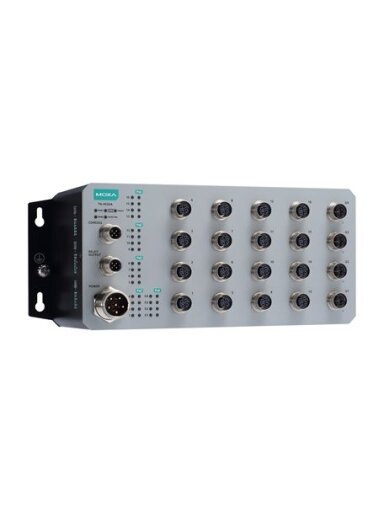 Moxa (TN-4520A-16PoE-4GPoE-WV-CT-T) Layer 2 managed Ethernet switch with 16 PoE 10/100BaseT(X) ports with M12 connector, 4 PoE 100/1000BaseT(X) ports with M12 connector, 1 (dual input) 24 to 110 VDC power supply, -40 to 70°C operating temperature, conform