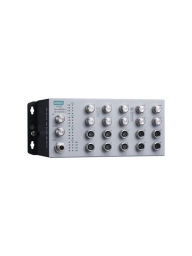 Moxa (TN-4520B-12P-4GP-4GBP-CT-T) EN 50155 20-port L2 switch including 12 FE PoE ports, 4 Gigabit PoE ports, 4 Gigabit ports with bypass relay, 150 W PoE power budget, 24 to 110 VDC power input, -40 to 70°C operating temperature, IP42, conformal coating